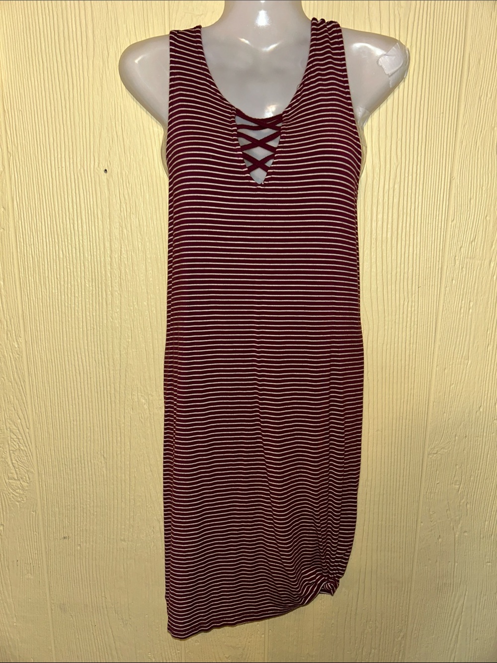 Striped Sleeveless Crisscross V-Neck Dress - Burgundy